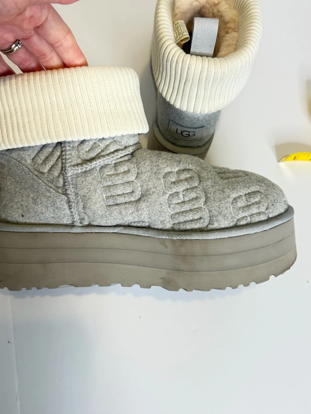 UGG Gray Quilted Boot with Cream Fold-Over Cuff